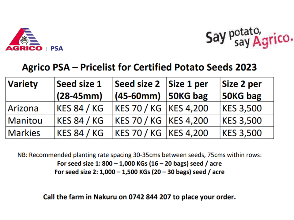 Prijzenlijst Agrico PSA 2023