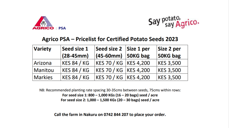Prijzenlijst Agrico PSA 2023